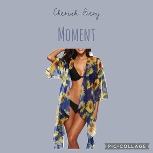 SHEER CHIFFON BLUE SUNFLOWER LONGLINE KIMONO